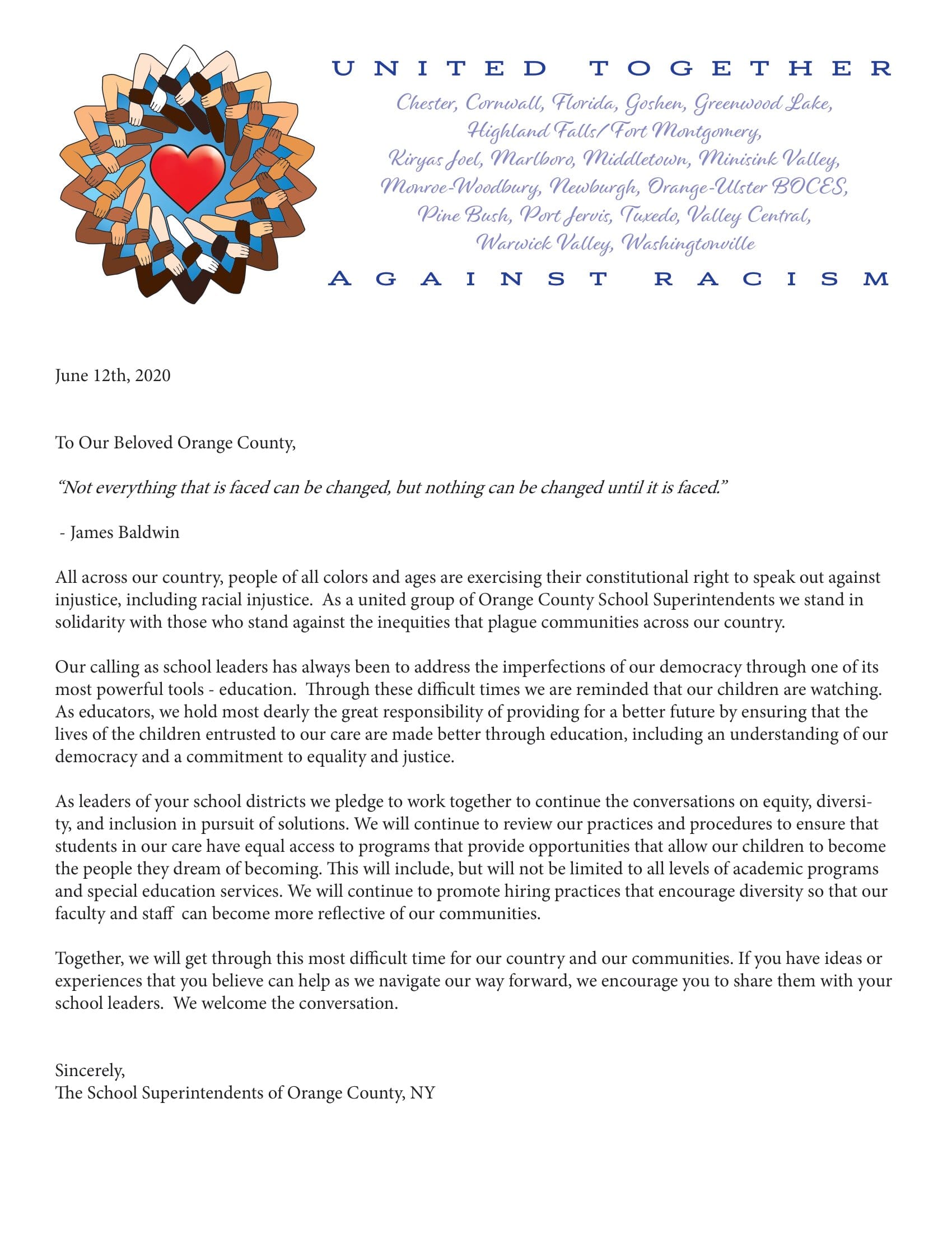 This is a photo of the letter, "United Together" composed by all Orange County Superintendents. It is also available as a pdf file below to print and the body of the letter is on this page.