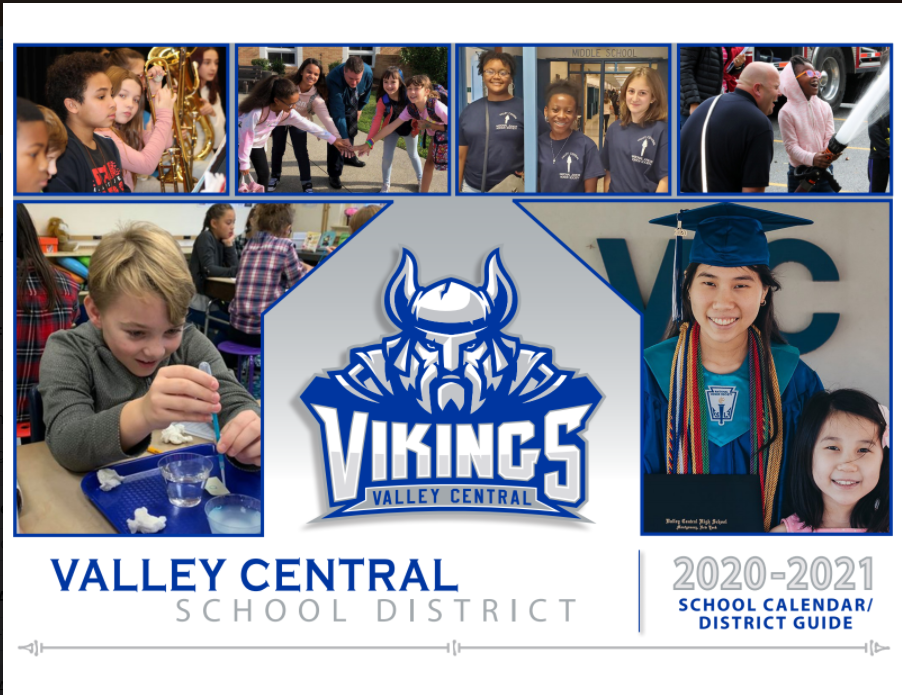 Cover of the VCSD School Calendar and Guide showing photos of students and our Viking Logo