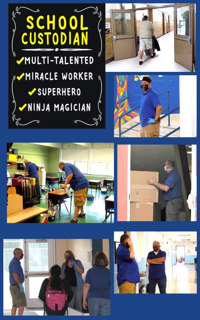 Collage of photographs of some of our custodial workers with a graphic that describes them as super heroes. This image honors our custodians
