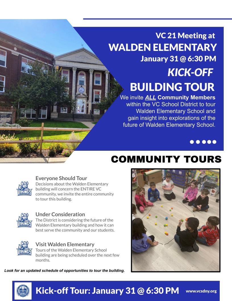 Flyer for building tour of WES on Jan. 31 with photos of children playing on classroom floor with small balls and a circle and a photo of the front of Walden Elementary school 