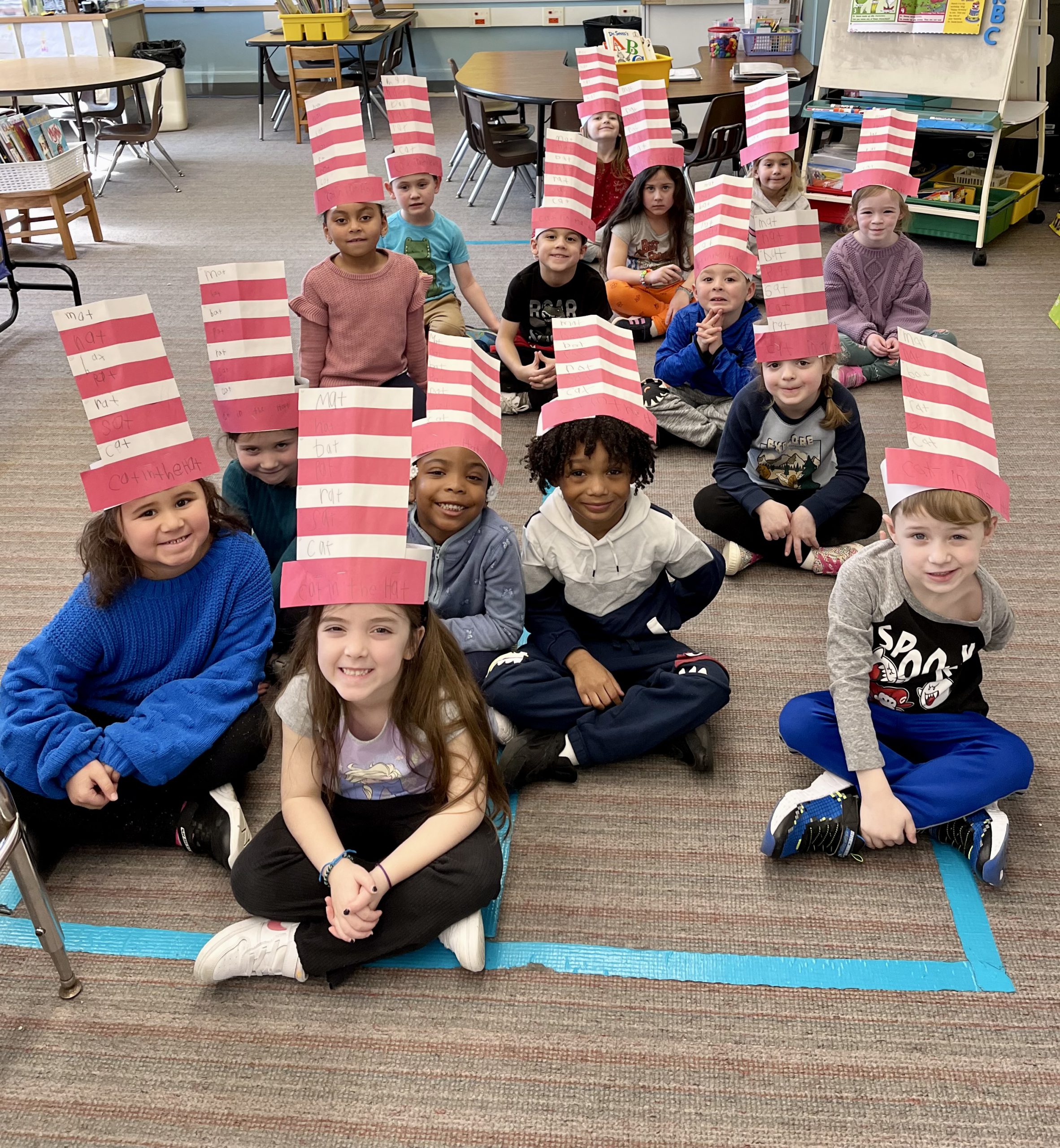 Kindergarten students at WES made Dr. Seuss hats with rhyming words to celebrate Read Across America day. 