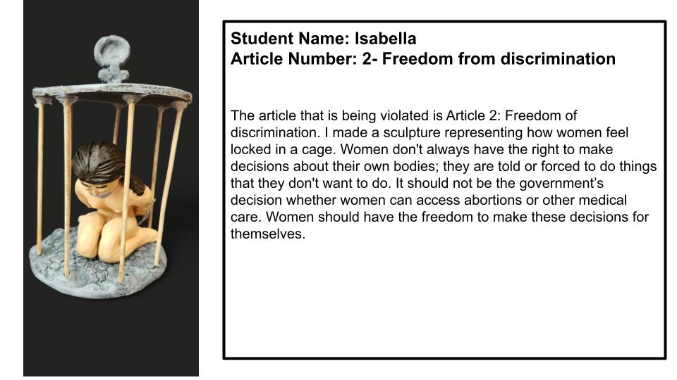 "The article that is being violated is Article 2: Freedom of discrimination. I made the sculpture representing how women feel locked in a cage. Women don't always have the right to make decisions about their own bodies; they are told or forced to do things that they don't want to do. It should not be the government's decision whether women can access abortions or other medical care. Women should have the freedom to make these decisions for themselves." The picture is of a woman in a cage naked with her mouth taped and her hands behind her back.
