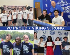 Four photos recapping events from the school year with the words VC Proud Vikings Strong in the middle