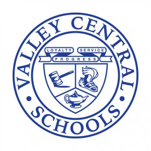 Valley Central School District's crest logo, which is a circle with Valley Central Schools written in an outside writing around a crest with a gavel and winged sandal and a lamp.