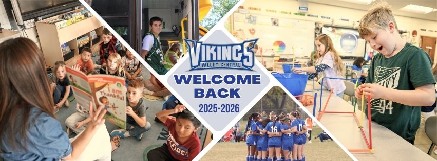 Collage of classroom and school images with Vikings logo and Welcome Back 2025-2026.