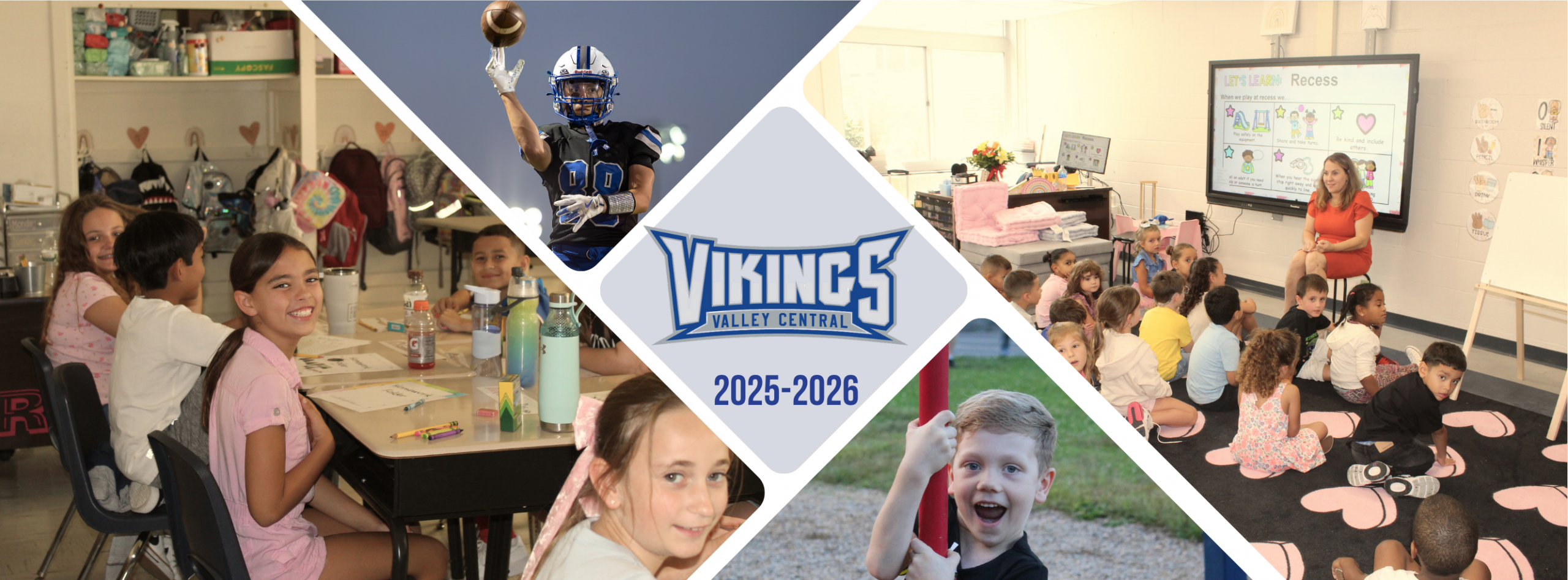 Collage including a photo of students sitting at desks, a football player throwing a football, students gathered in a circle on a classroom floor and a little boy on playground equipment smiling.