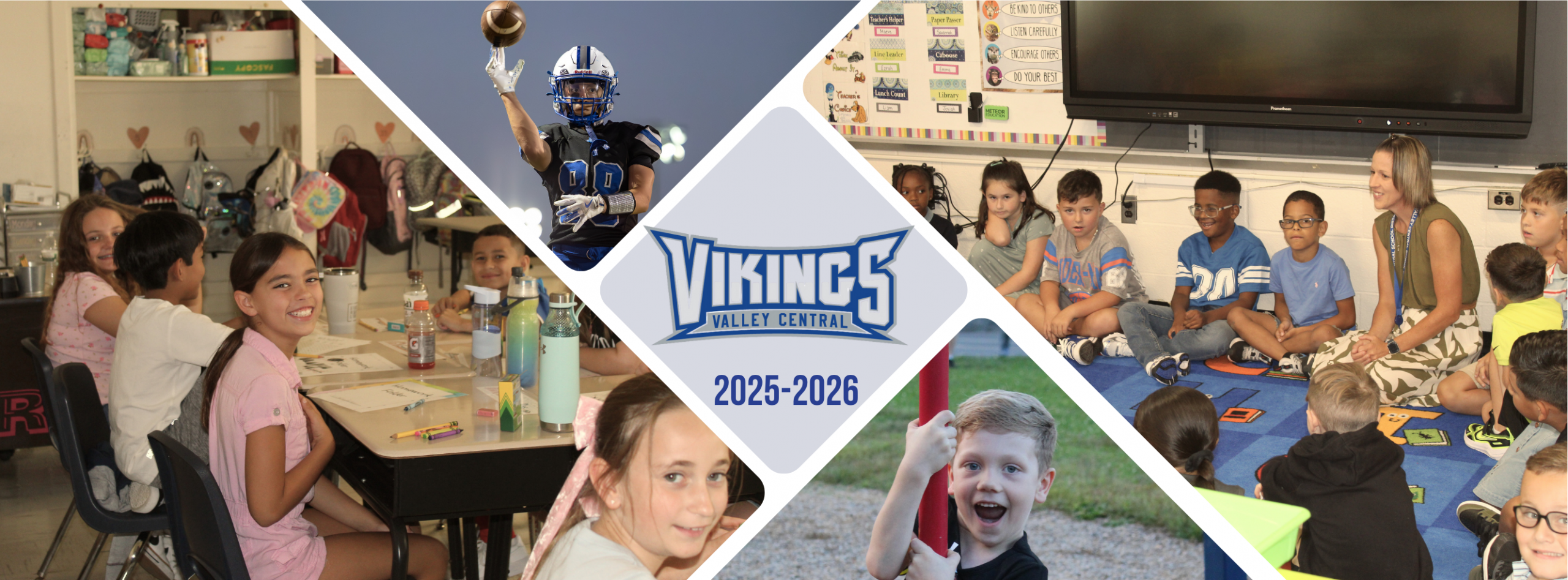 Collage including a photo of students sitting at desks, a football player throwing a football, students gathered in a circle on a classroom floor and a little boy on playground equipment smiling.