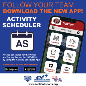 Blue box with graphic of a cell phone with six buttons on it. Text says: Follow Your Team Download the new app! Activity Scheduler AS. Access schedules for the Winter and Spring Season for 2025-2026 by using the Activity Scheduler App. Available in the App Stores: Google Play and Apple Store.