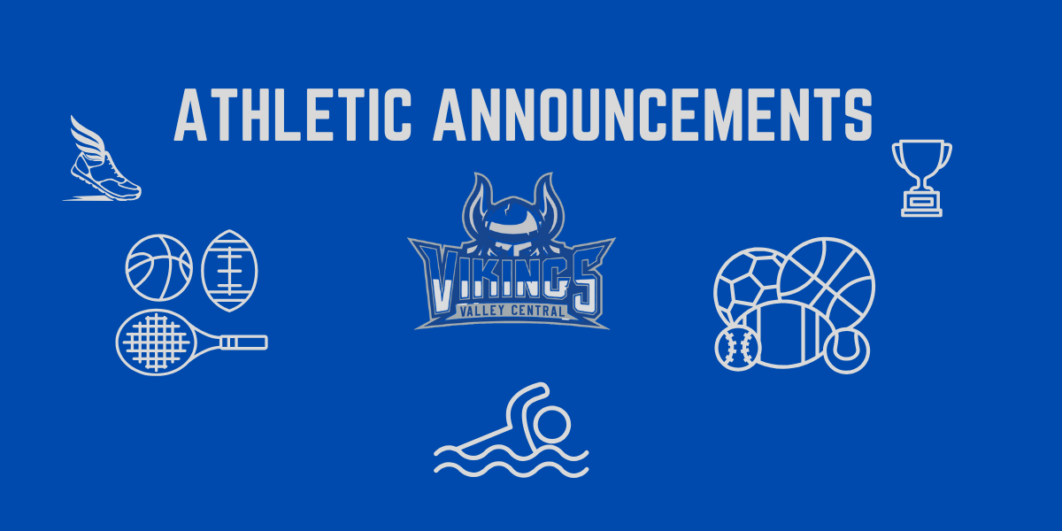 Blue graphic with white text that says Athletic Announcements with the Vikings logo and several sports icons.