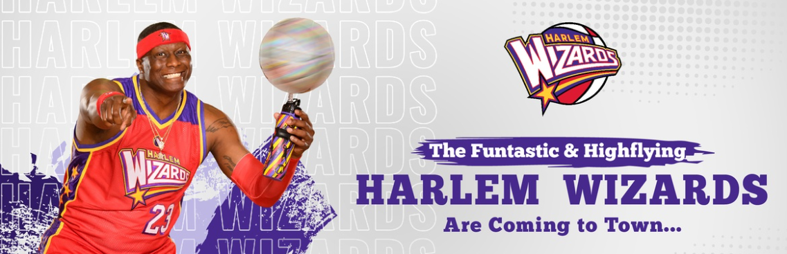 Picture of a guy spinning a basketball on his finger and the words written next to him say: Harlem Wizards logo. The funtastic & Highflying Harlem Wizards Are Coming to Town