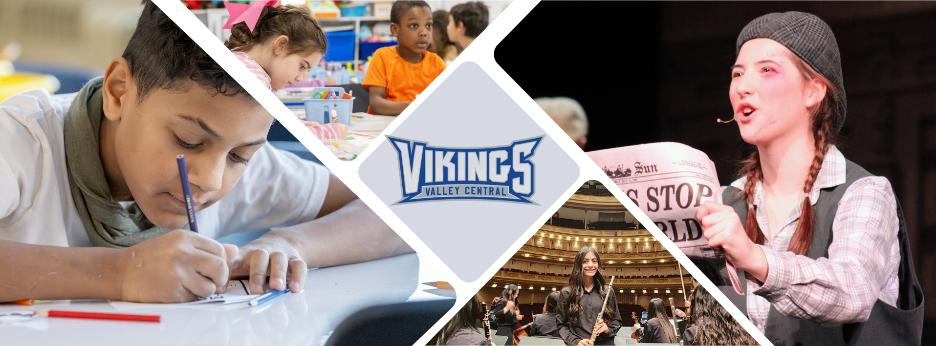 Collage of photos. First is a little boy writing with a pencil, two children sitting at a table doing classwork, a girl holding a newspaper performing in "Newsies" and a girl holding a flute in Carnegie hall. There is a Vikings logo in the middle.