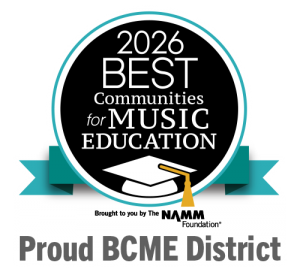 Photo of a digital badge with ribbon that says: 2026 BEST communities for Music Education brough to you by the NAMM Foundation Proud BCME District.