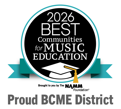 Photo of a digital badge with ribbon that says: 2026 BEST communities for Music Education brough to you by the NAMM Foundation Proud BCME District.