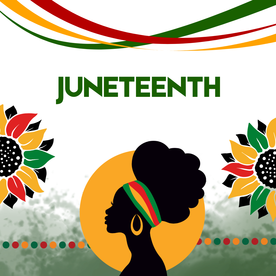 A graphic of an African American and the word Juneteenth over her head.