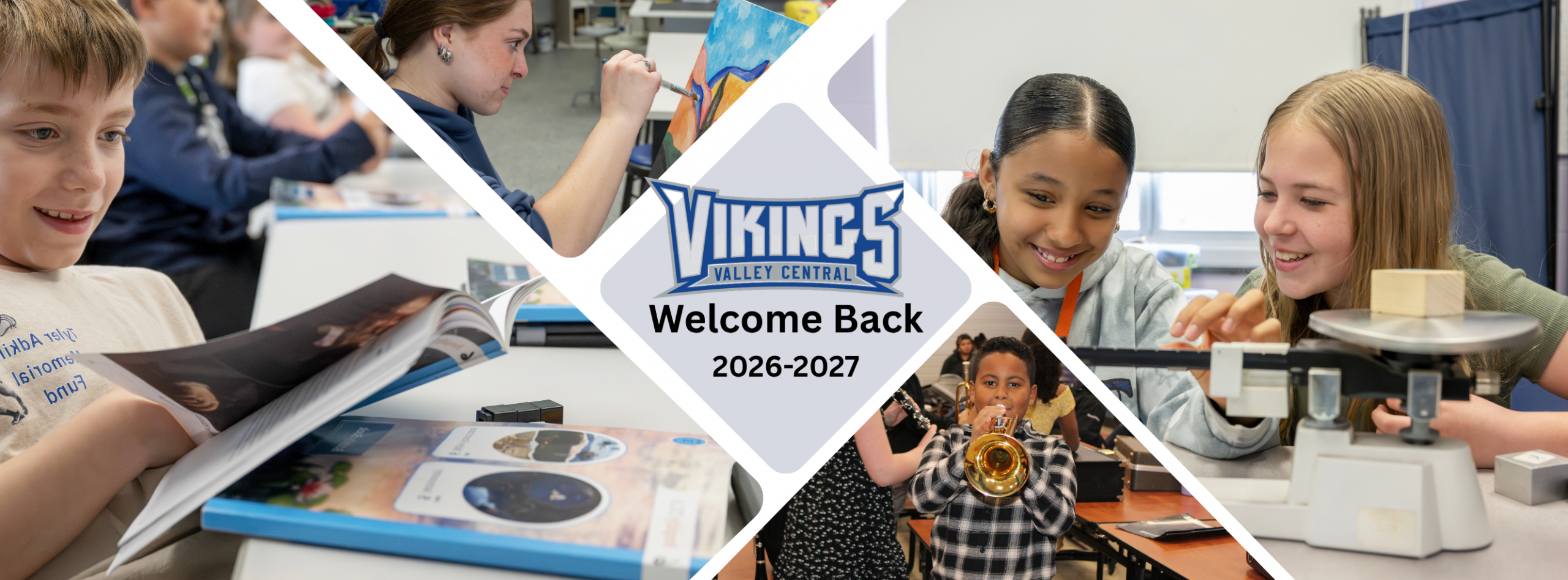 ollage of four photos of VC students with the Vikings logo in the center with the words Welcome Back 2026-2027 in the middle. One student is painting, one student is playing a trumpet, one student is reading a book and two students are using weights and a scale.