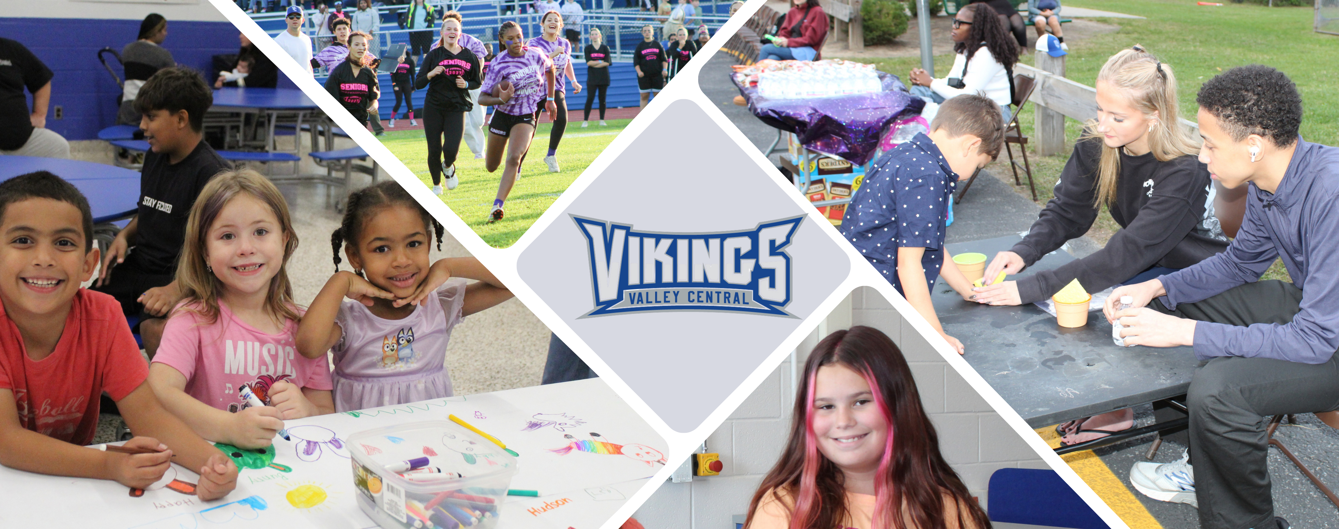 A collage of photos surrounding the VC Vikings logo, PHotos are of three young students at a table, a scene from a powderpuff football game, two older students putting a temporary tattoo on a student and a student smiling.