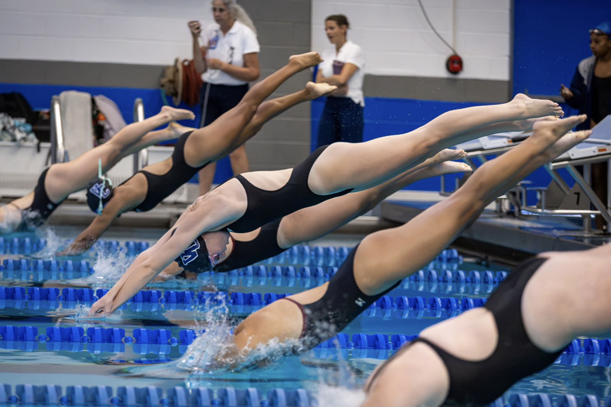 Swimmers dive into a pool