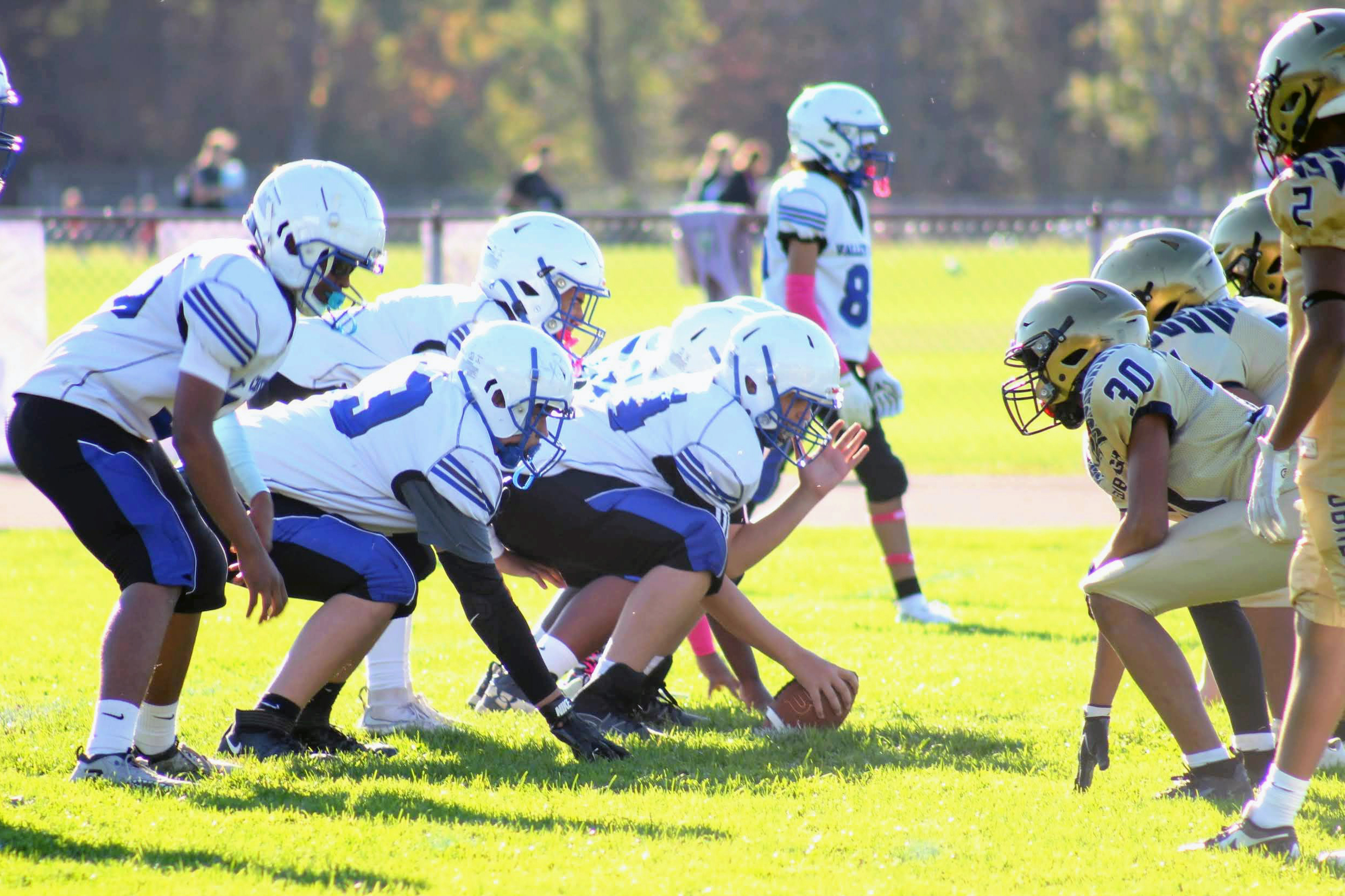 A football team prepares to snap the ball as the opponents line up across from them
